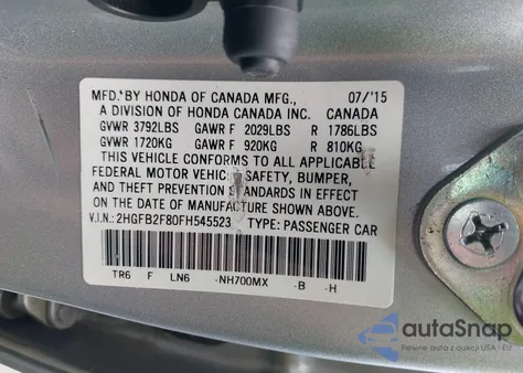 2015 Honda Civic Ex из США, поврежденный, VIN 2HGFB2F80FH545523